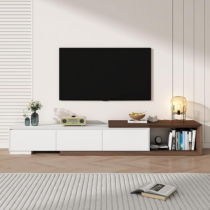 chartustriable Extendable TV Stand with 3 Drawers, Modern Minimalist Entertainment Center, Reversible Long TV Media Console, Bevel Design, 82-107.3 Inch, White & Walnut