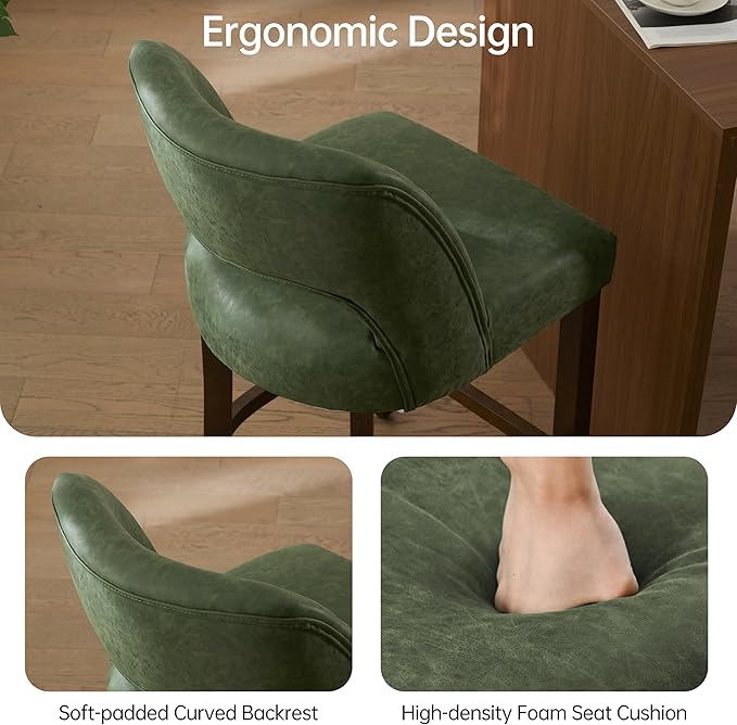 VKNOW 26" Bar Stools Set of 6, Faux Leather Counter Height Bar Stools with Backrest and Rubberwood Legs, Upholstered Barstools for Kitchen Island, Bar and Dining Room, Green