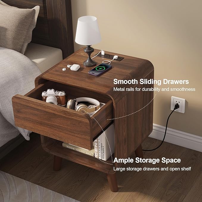 Nasonet Small Night Stand, 17.7'' Wide Bedside Table with Charging Station, Mid Century Modern Nightstands with Drawers, Bedroom Side Table End Table for Living Room, Curved Beveled Design, Walnut