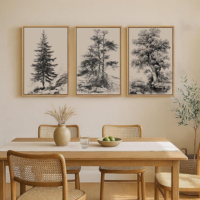 Large Framed Vintage Wall Art for Living Room, 3 Piece Tree Forest Artwork for Walls, Classic Rustic Sketch Canvas Paintings Prints for Office Hallway Wall Decor, 24x36 Inch