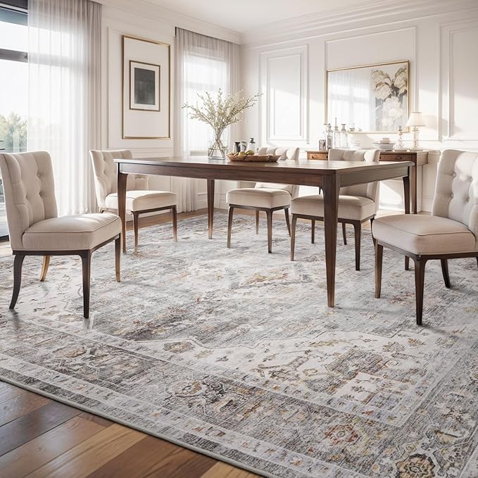 AMOAMI-4X6 Area Rugs for Living Room -Soft Vintage Bedroom Rugs-Non Slip Washable Rug-Throw for Living Room Bedroom Bedside Dining Room Office Grey