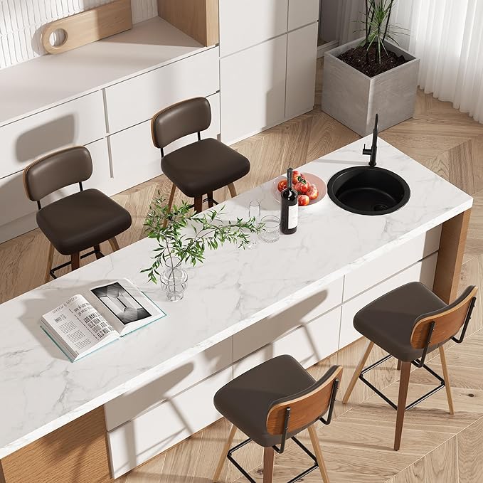 Swivel Bar Stools Set of 2, 26" Upholstered Faux Leather Counter Height Barstools with Walnut Back & Bentwood Legs, Mid Century Modern Bar Chairs Island Stools for Kitchen Counter, Coffee