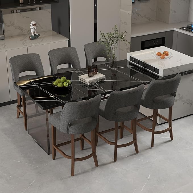 VKNOW Bar Stools Set of 6, 26" Upholstered Counter Height Bar Stools, Modern Counter Stools with Wood Legs for Kitchen Island Dining Room Bar, Charcoal