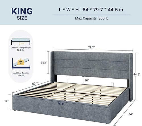 Allewie King Size Lift Up Storage Bed, Modern Wingback Headboard, Hydraulic Support, No Box Spring Needed, Grey Blue