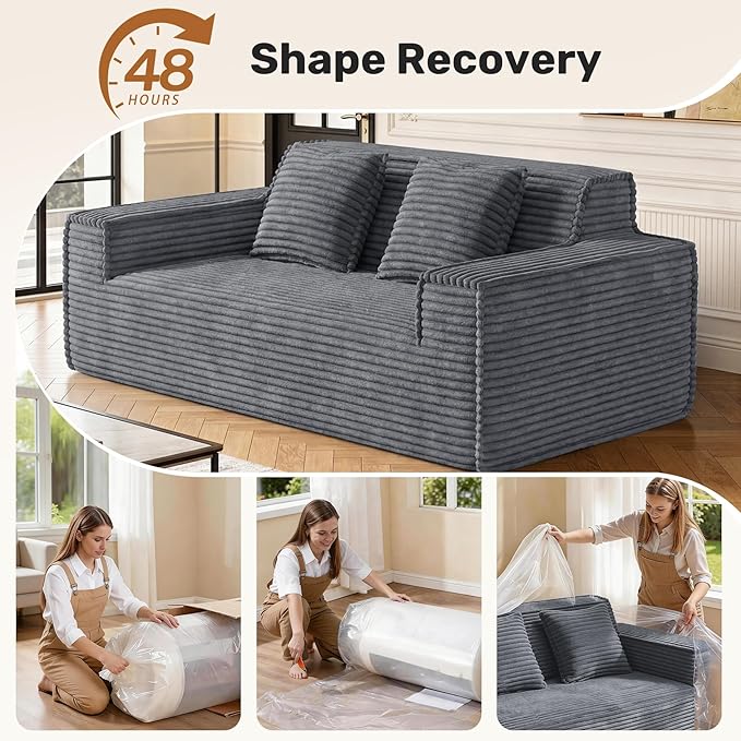 75'' Modern Cloud Loveseat Sofa Set of 2, No Assembly Required Comfy Deep Seat Couches 2 pcs for Living Room, Bedroom, Apartment (Corduroy-Grey)