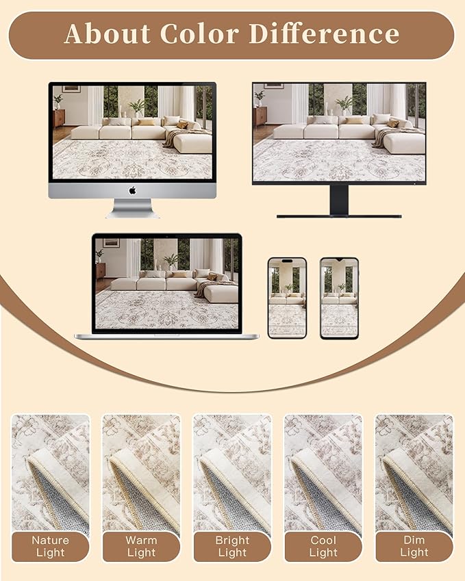 Madane Rug Runner for Hallways 2.5x8, Washable Kitchen Runner Rugs with Non Slip Backing, Soft Floral Print 2'6''x8 Carpet Runners for Laundry Room, Bedroom, Brown/Ivory