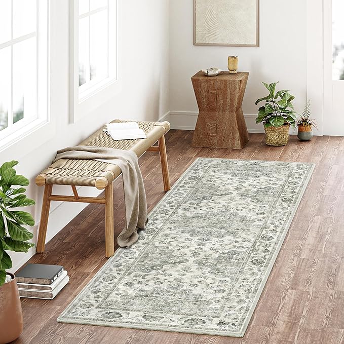 2x6 Washable Neutral Runner Rug Green Vintage Hallway Kitchen Carpet Non-Slip Soft Low Pile Farmhouse Throw Rug for Bedroom Bathroom Laundry Living Room