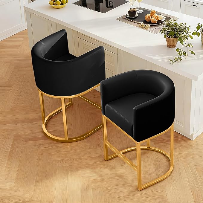 Modern Counter Height Bar Stools,Bar Stools Set of 2,PU Leather Upholstered Barrel Barstools with Backs,26'' Kitchen Island Chairs,Metal Gold Frames,Black Leather