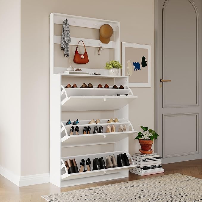 HOPUBUY Tall Shoe Cabinet with 3 Flip Drawers, Farmhouse Hidden Shoe Storage Cabinet with Rack, Slim Narrow Freestanding Shoe Storage Organizer for Entryway, Hallway & Living Room, White