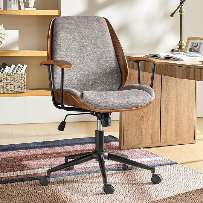 Modern Office Chair with Bentwood Polyester Upholstery Ergonomic Swivel Desk Chair with Adjustable Height for Home Office or Study Tan
