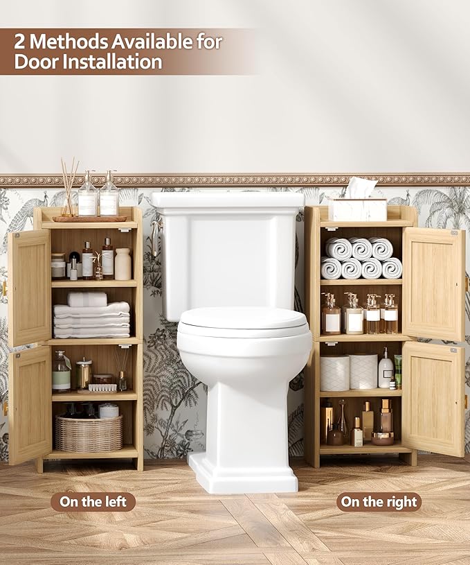 Akxomel Rattan Small Bathroom Cabinet with 2 Doors, 7.9''D x 11.8''W Narrow Toilet Paper Storage Cabinet, Bathroom Organizer for Small Space, Wooden Slim Corner Unit with Adjustable Shelf, Natural Oak