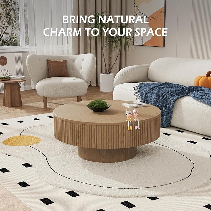 YOUDENOVA 35” Round Fluted Coffee Table, Modern Wood Circle Coffee Table, Veneer Handcrafted Relief Tea Table with Sturdy Pedestal for Living Room, Easy Assembly - Natural