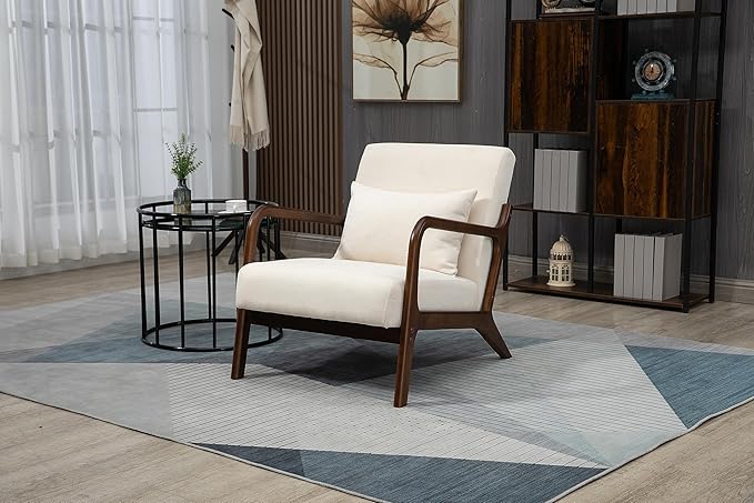 KEIKI Mid Century Modern Accent Chair, Relaxing Lounge Chair for Living Room, with Soft Waist Support Pillow, Jute or Velvet