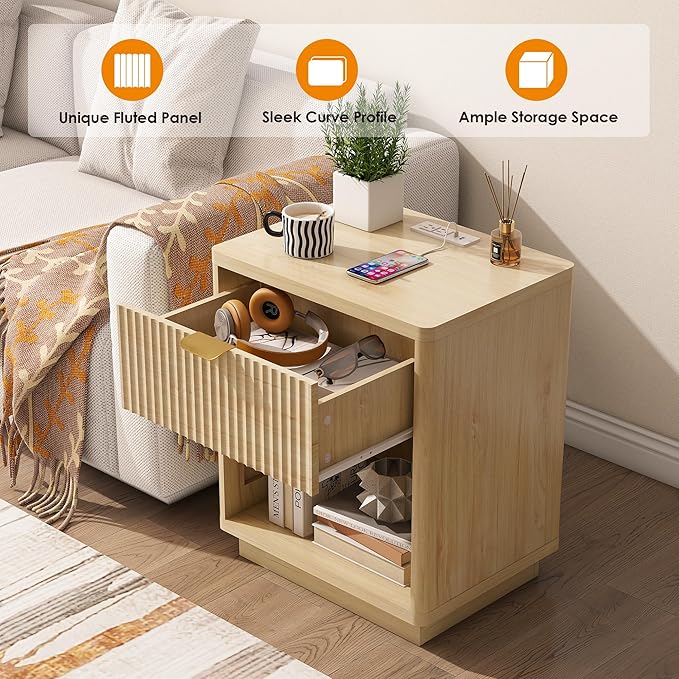 Nasonet Fluted Nightstand Charging Station,Wood Modern Night Stands Storage Cabinet for Bedroom,Oak Bedside Table with Drawers