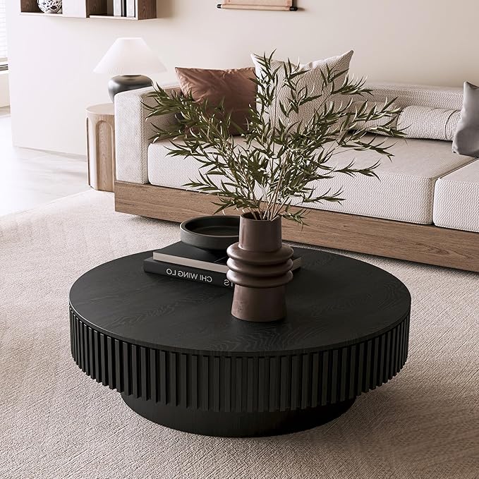 39.37" Round Coffee Table with Storage for Living Room Wood Coffee Table Contemporary Circle Center Table for Apartment, Easy Assembly, Black