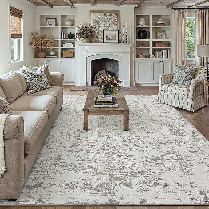5x7 Fluffy Area Rug Grey Shag Neutral Throw Carpet for Living Room Soft Medium Pile Floral Throw Rug for Bedroom Dorm Office Dining Room Kitchen Modern Decor