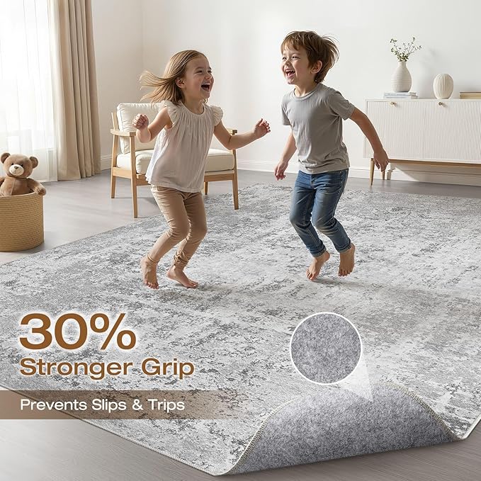 10x12 Area Rug Living Room: Washable Large Neutral Rug Abstract Soft Modern Stain Resistant Indoor Floor Non-Slip Carpet for Bedroom Nursery Kids Office Playroom Dining Room Under Table- Light Gray