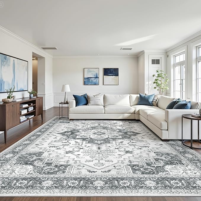 Washable 9x12 Area Rug,Vintage Floral Area Rugs with Non Slip Backing Stain Resistant Grey Carpet for Bedroom Dining Room Indoor Large Soft Rug Home Decoration (9x12,Grey)