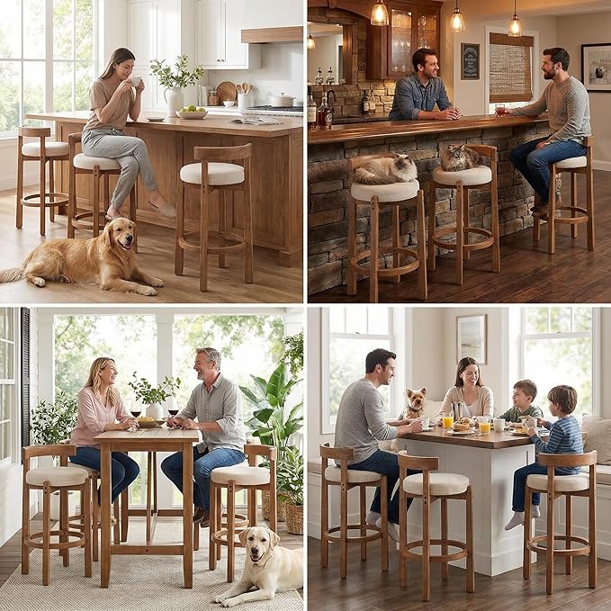LukeAlon Mid Century Linen Bar Stools Set of 2, 30.25" Seat Height Upholstered Barstools with Wood Legs Modern Tall Bar Chair with Curved Low Back Round Footrest for Pub Home Kitchen Island, Beige