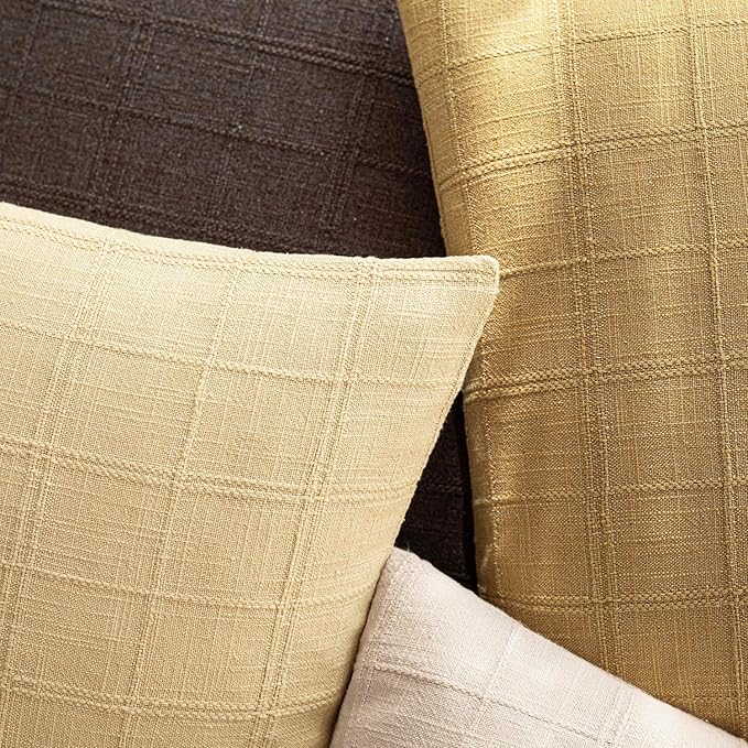 Foindtower Set of 2 Decorative Linen Check Throw Pillow Covers Neutral Farmhouse Vintage Cushion Covers Modern Boho Accent Home Decor for Sofa Chair Couch Bedroom Living Room,22×22 Inch,Light Yellow