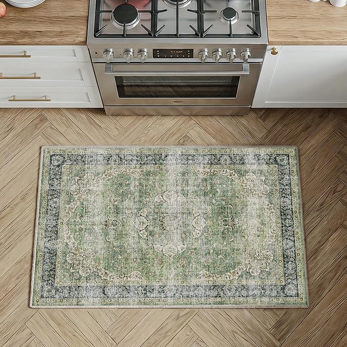 Entryway Rug 2x3 Green Washable Vintage Entryway Area Rug Distressed Oriental Neutral Non Slip Low Pile Door Mat Soft Retro Small Throw Thin Indoor Carpet for Entry Entrance Kitchen Bathroom Bedroom