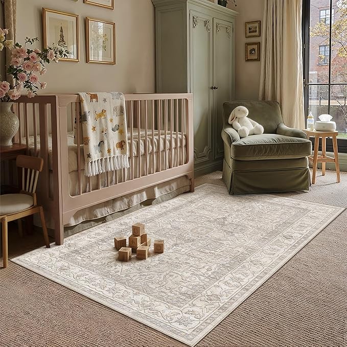3x5 Washable Vintage Area Rug Beige Oriental Soft Entryway Throw Rug Neutral Non Slip Low Pile Small Carpet for Kitchen Bathroom Living Room Bedroom