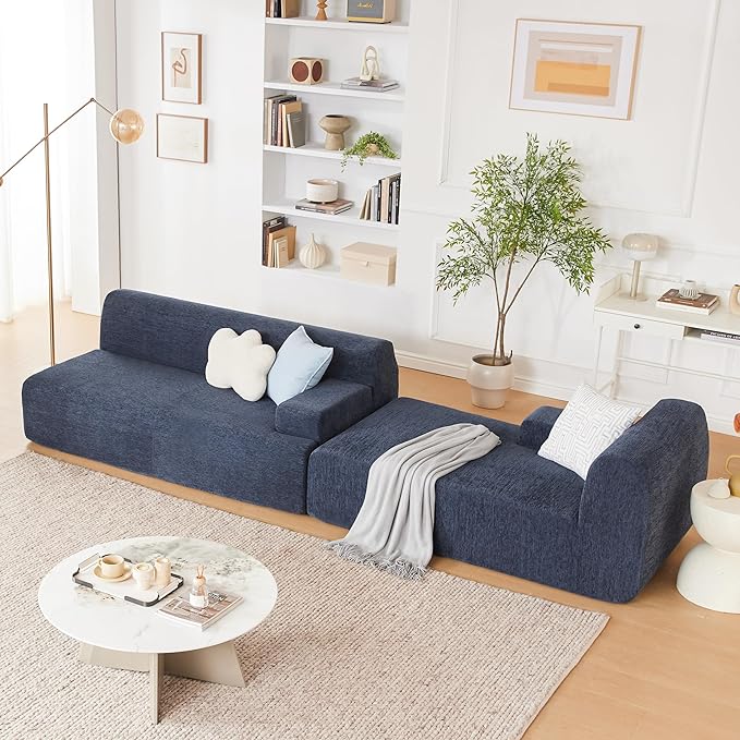 Weture 107" Modular Sectional Cloud Couch, Boneless couches Sponge sectionals for Living Room, High Density Sponges Sofa, Modular L-Shape with Chaise, Blue