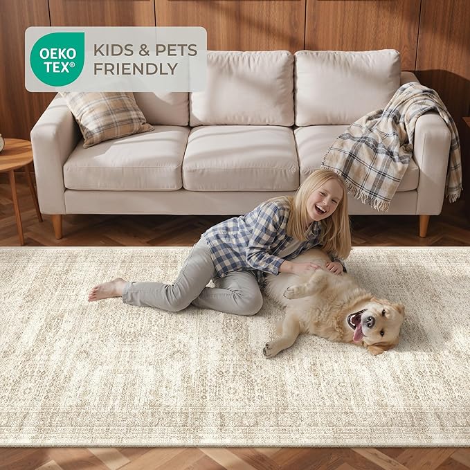 3x8 Runner Rug Non Slip Washable for Entryway, Vintage Hallway Runner for Front Porch, Laundry Room, Bedroom, Abstract Stain Resistant Thin Indoor Kitchen Mats for Floor(3'x8', Beige/Ivory)