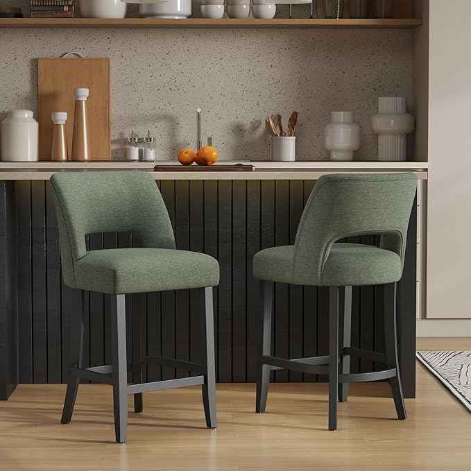 VKNOW Bar Stools Set of 2, 26" Upholstered Counter Height Bar Stools, Modern Counter Stools with Black Legs for Kitchen Island Dining Room Bar, Green-Black Legs
