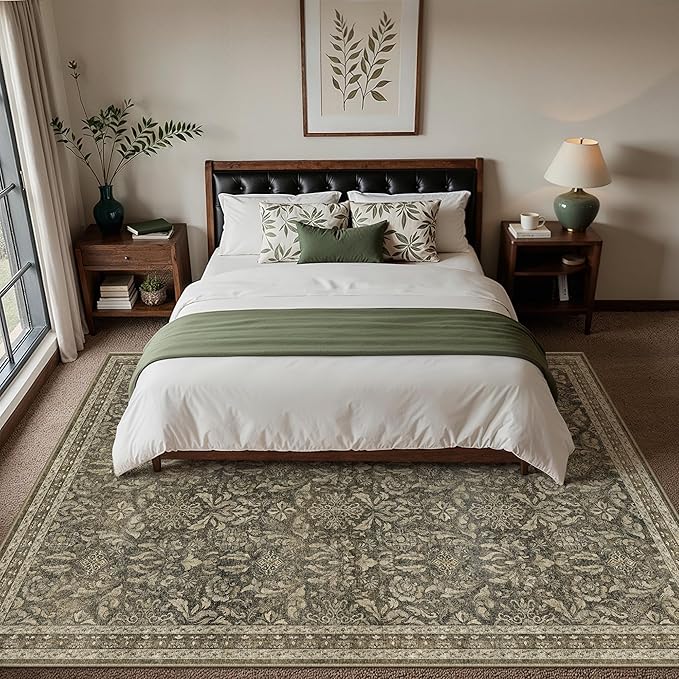 PureCozy Brown 8x10 Area Rug Washable Vintage Living Room Bedroom Carpet Indoor Large Non Slip Soft Low Pile Thin Rug Retro Accent Throw Office Dining Room