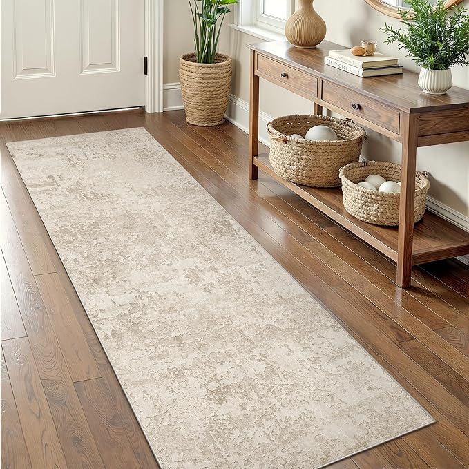 Art&Tuft Runner Rug 2'6"x6' - Anti-Slip Backing Abstract Runner Rug No Slip, Stain Resistant Runners for Hallways, Kitchen, Living Room, Foldable Machine Washable Area Rug (2'6"x6', Beige)