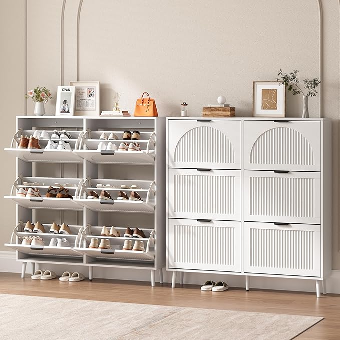 BORNOON Shoe Cabinet for Entryway with 6 Flip Drawers, Slim Wooden Shoe Storage Organizer with Modern Fluted Pannel，Freestanding Narrow Hidden Shoe Rack for Hallway, Foyer, Living Room