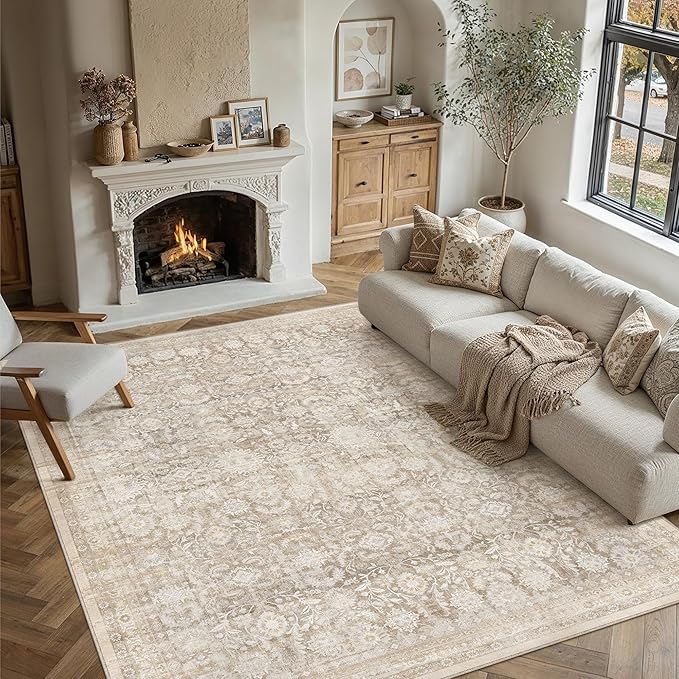 10x12 Beige Washable Neutral Area Rug for Living Room Floral Non Slip Low Pile Large Rug Indoor Vintage Traditional Stain Resistant Distressed Carpet Bedroom Dining Room Classroom Office