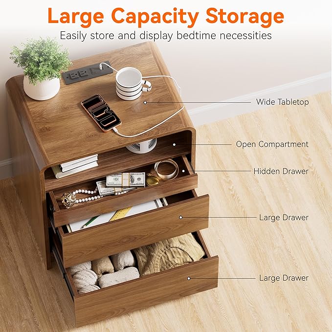 Modern Nightstand Set of 2 23.8" Walnut Nightstands with Hidden Drawers Wood Modern Bedside Table Curved Profile Night Stands for Bedrooms Set of 2