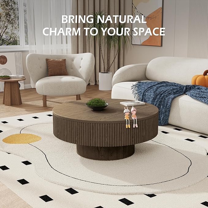 YOUDENOVA 31.5” Round Fluted Coffee Table, Modern Wood Circle Coffee Table, Veneer Handcrafted Relief Tea Table with Sturdy Pedestal for Living Room - Brown