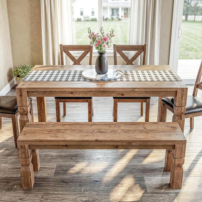LITTLE TREE Solid Wood Bench, 55-Inch Long Farmhouse Wooden Bench Seat for Entryway, End of Bed, Dining Room, Living Room, Easy Assembly, Rustic Brown