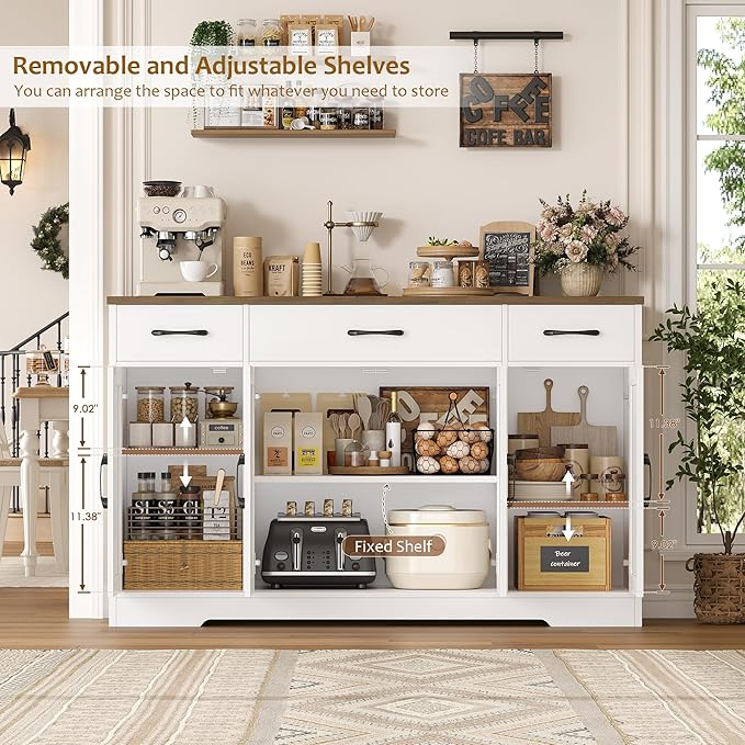 HOSTACK Buffet Cabinet with Drawers, 55" Large Sideboard Buffet Storage Cabinet with Shelves and Doors, Modern Farmhouse Coffee Bar Station Wood Kitchen Table for Kitchen, Dining Room, White/Rustic