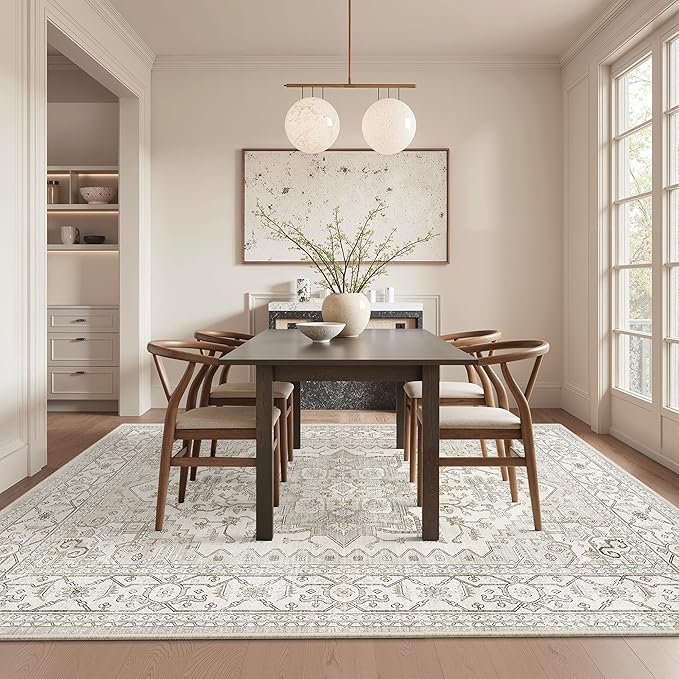 Area Rugs for Living Rooms - 6x9, Boho Non-Slip Low Pile Carpet Machine Washable Rugs for Bedroom, Farmhouse, Office, Dining Room (Beige)