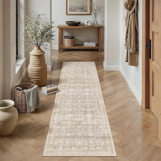 2x8 Beige Washable Floral Hallway Runner Rug Kitchen Vintage Traditional Low Pile Non Slip Long Area Rug Retro Distressed Soft Carpet Entryway Beside Bed Living Room Office Porch