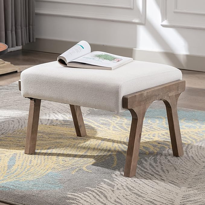 chairus Mid-Century Modern White Linen Accent Chairs with Ottomans Set of 2, Comfy Upholstered Lounge Armchairs with Solid Wood Frame, Fabric Reading Chairs for Living Room Bedroom Office