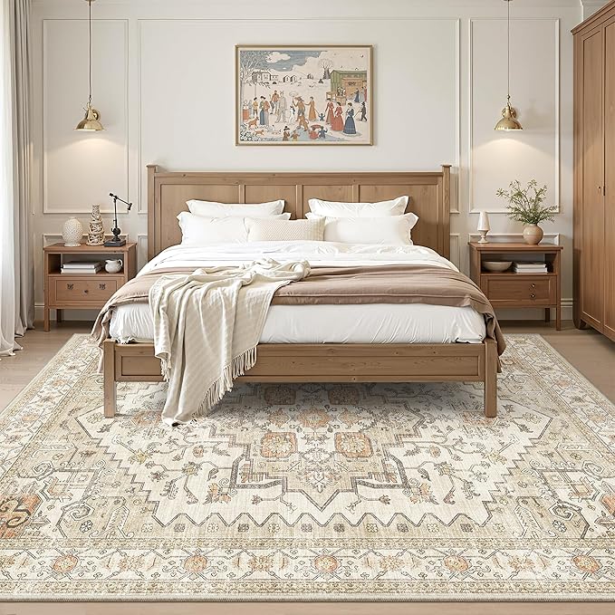 befbee Washable Rugs 10x14 Area Rugs for Living Room,Rugs for Bedroom,Ultra Soft Living Room Bedroom Large Carpe,Low Pile Vintage Print Rug for Home Office Decor (10'x 14',Gold)