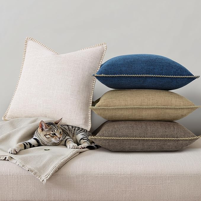 decorUhome Summer Decorative Throw Pillow Covers 22x22 Set of 2 Square Faux Linen Farmhouse Euro Sham Pillow Covers with Stitched Edge Outdoor Neutral Pillow Covers for Couch Sofa Living Room, Khaki