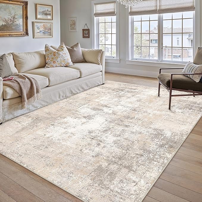 10x14 Washable Area Rug Beige Grey Abstract Non Slip Soft Low Pile Rug for Living Room Bedroom Dining Room Office Neutral Modern Indoor Large Throw Carpet for Home Decor