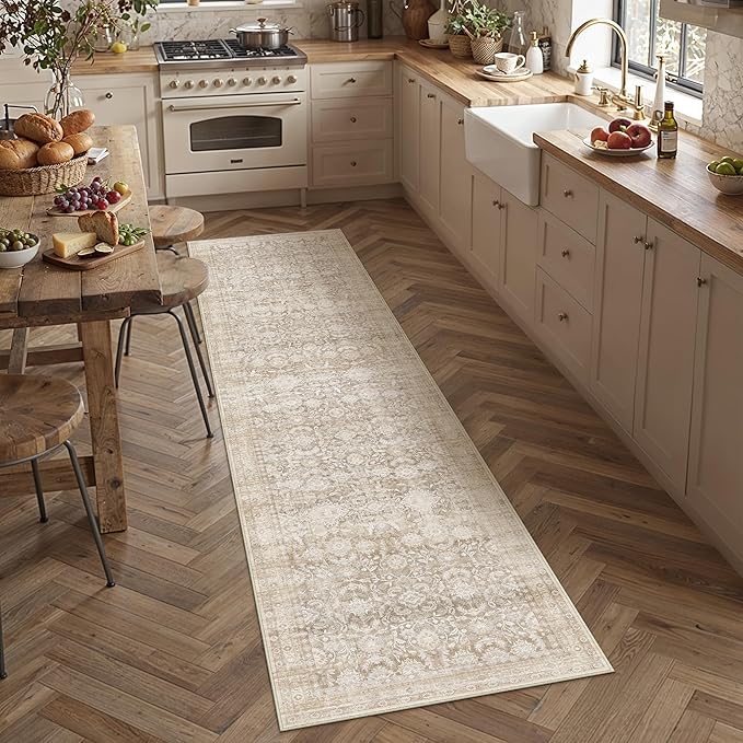 2x8 Beige Washable Floral Hallway Runner Rug Kitchen Vintage Traditional Low Pile Non Slip Long Area Rug Retro Distressed Soft Carpet Entryway Beside Bed Living Room Office Porch