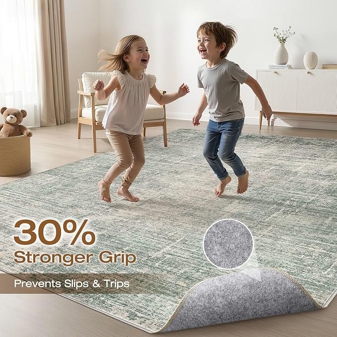 5x8 Area Rug Living Room: Washable Large Neutral Green Rugs Abstract Soft Modern Stain Resistant Indoor Floor Non-Slip Carpet for Bedroom Nursery Kids Office Playroom Dining Room Under Table Home