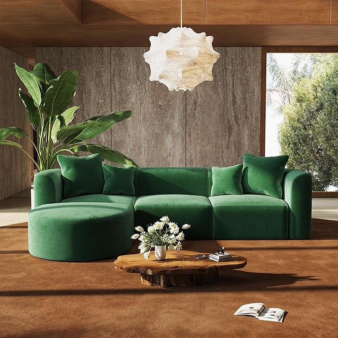 116" Modular Sectional Couches with Ottoman, Luxury Modern Curved Back Sofa, Minimalist Style Oversized 4 Seat Deep Comfy Convertible L Shape Boneless Couch for Living Room Studio Apartment, Green