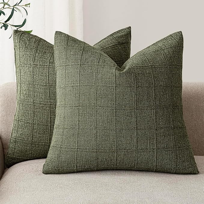 Foindtower Set of 2 Decorative Linen Check Throw Pillow Covers Neutral Farmhouse Vintage Cushion Covers Modern Boho Home Decor for Sofa Chair Couch Bedroom Living Room,20×20 Inch,Olive Green