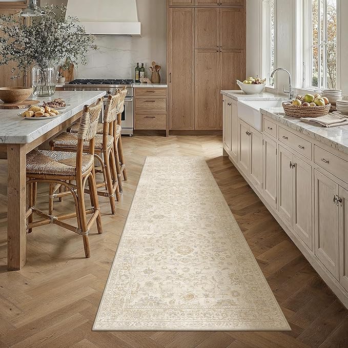 2x8 Beige Washable Runner Rug for Living Room Bedroom Neutral Soft Floral Non Slip Runner Rug Lightweight Vintage Low Pile Distressed Runner Kitchen Hallway Bedroom