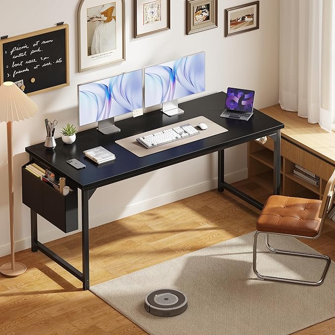 OLIXIS Computer Desk 63 Inch Home Office Desks for Small Spaces, Gaming Writing Study Work Table with Storage Bag and Headphone Hook for Bedroom, Black