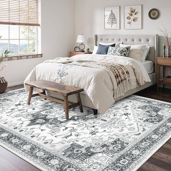 befbee Washable Area Rug 5x7, Area Rugs Stain Resistant Neutral Washable Rugs for Living Rooms Bedroom Vintage Non-Slip Thin Large Size Area Rug（Grey）